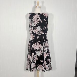 Laura Floral Fit & Flare Dress Pink Black Romantic Spring Midi Wedding Guest 14
